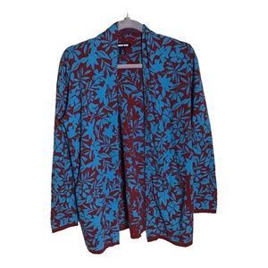 Lands End Women Bordeaux Red Havana floral print open front cardigan Sz Sm EUC